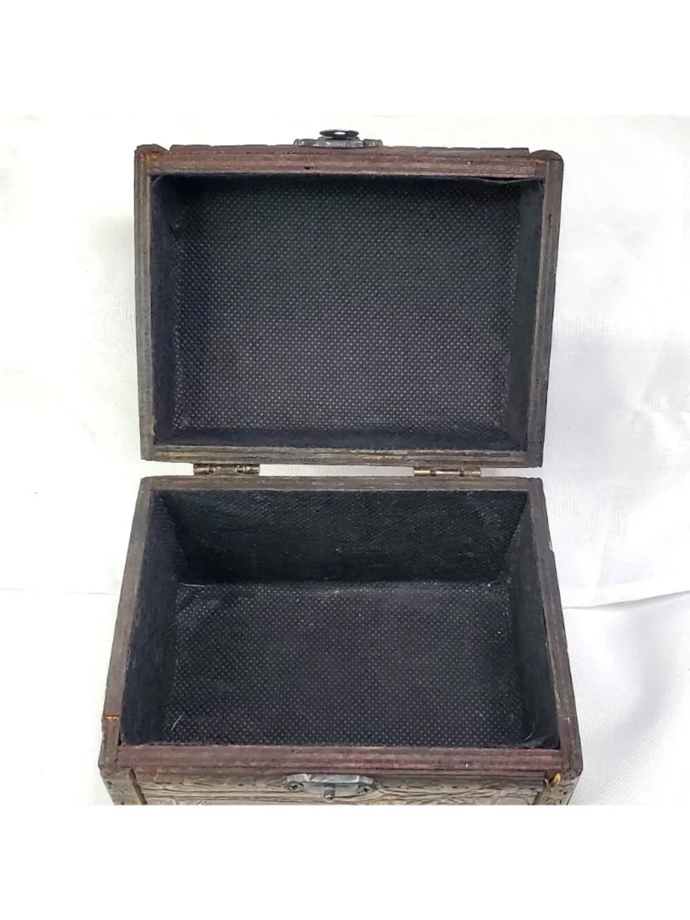 Vintage Wood & Faux Leather Carved Jewelry Treasure Chest Box With Metal Accents